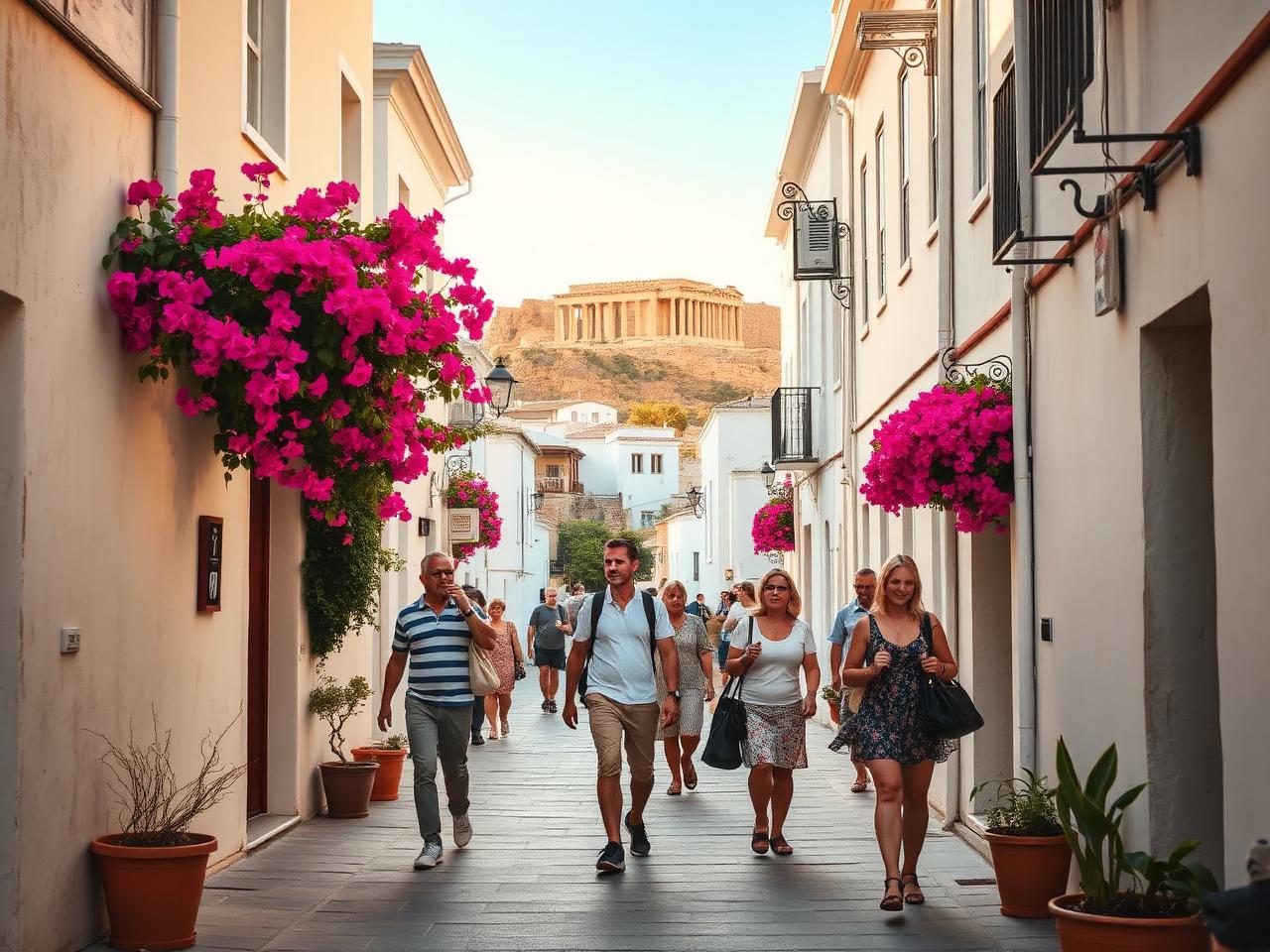 Visitors walking through Plaka in Athens